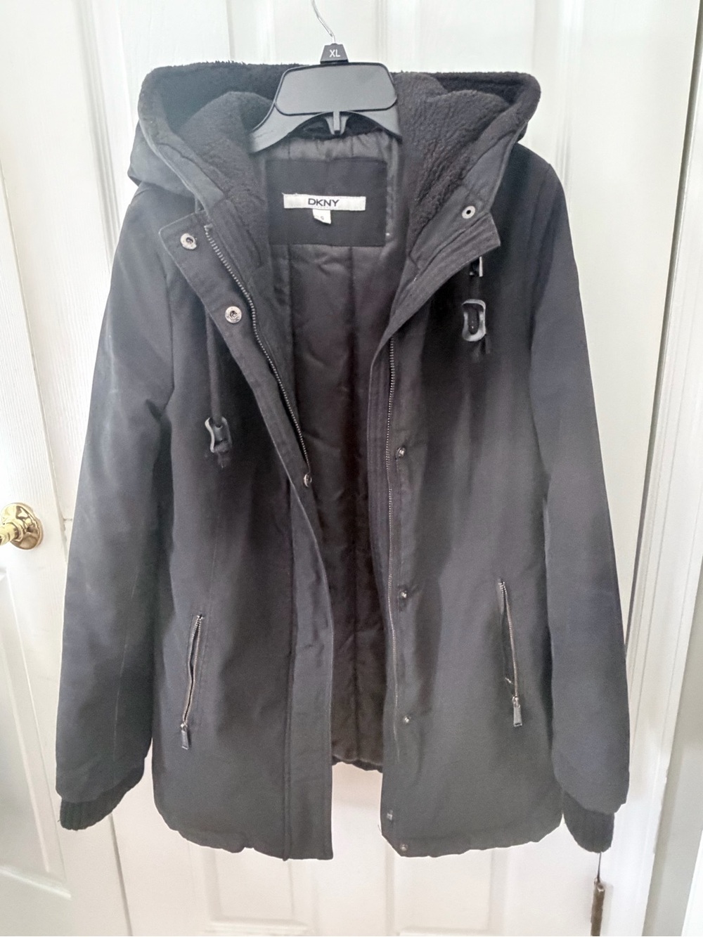 DKNY Black Hooded Puffer Coat